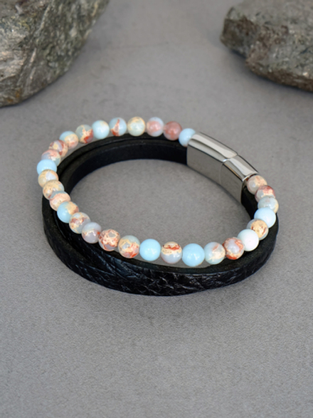 Браслет из натуральной кожи и бусин бирюзовой яшмы