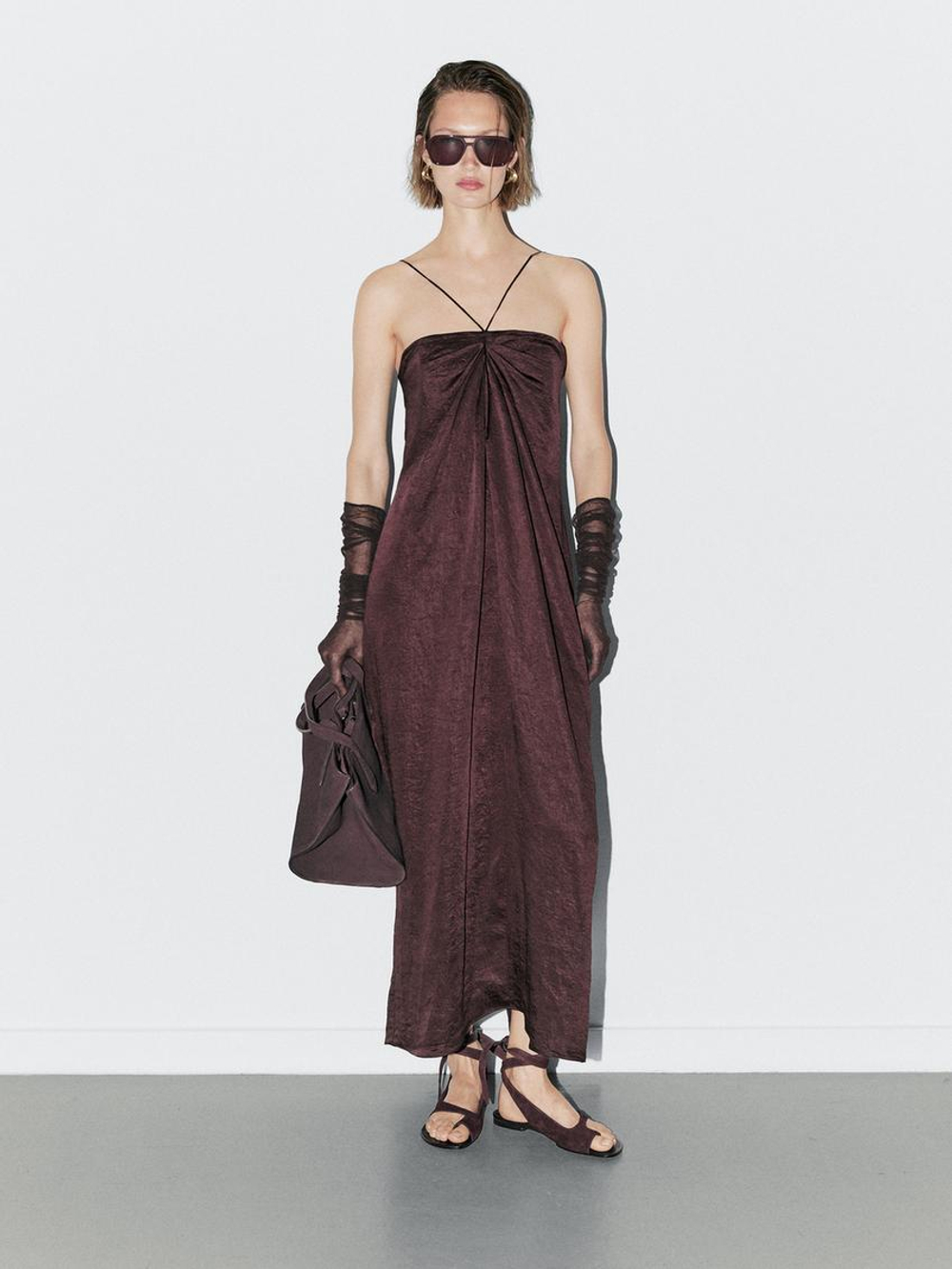 Massimo Dutti Платье миди из атласа с драпировкой, бордовый