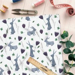 Ткань атлас серые зайцы с цветами