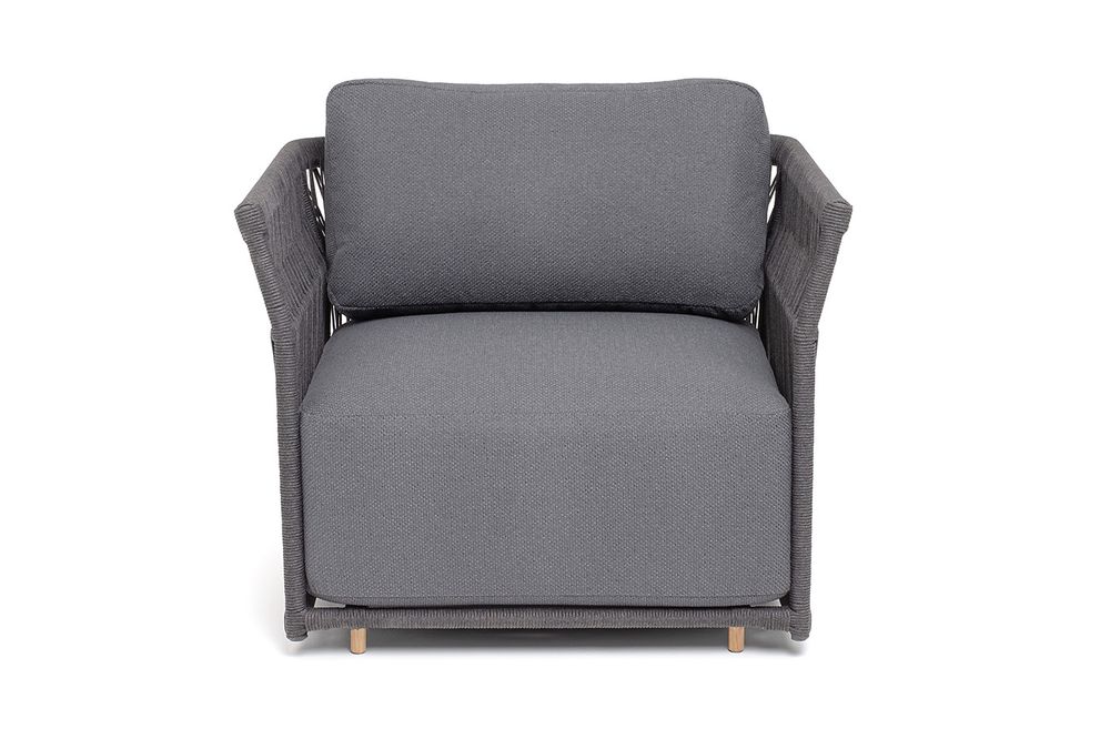 "Лугано" кресло плетеное из роупа, каркас алюминий темно-серый (RAL7024) муар, роуп темно-серый круглый, ткань темно-серая YB25-0027