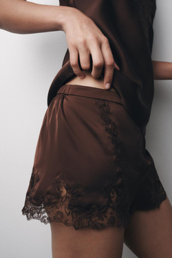 ZARА АТЛАСНЫЕ ШОРТЫ С ВЫШИВКОЙ И КРУЖЕВОМ, КОРИЧНЕВЫЙ