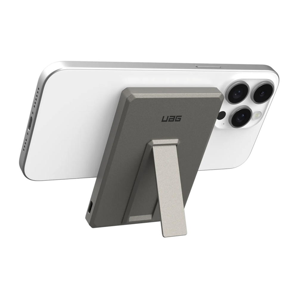 Внешний аккумулятор MagSafe с подставкой UAG SRGE Slim 5K (5000 мА·ч) Беспроводная зарядка: Qi 10 Вт. Проводная зарядка: USB-C. Есть LED-индикация. Энергоёмкость — 18 Вт·ч. Максимальная выходная мощность — 20 Вт