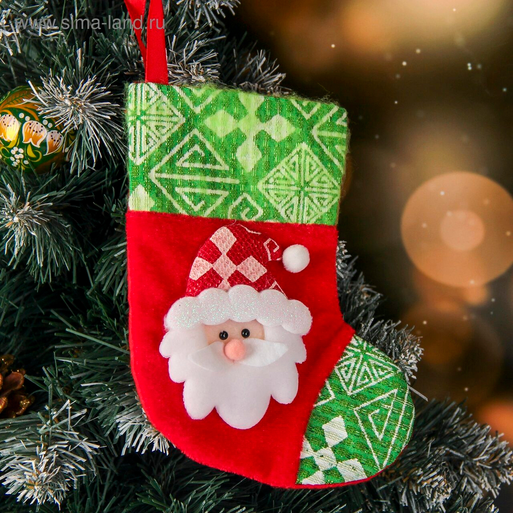 Носок для подарков "Ночь перед Рождеством" 13*17,5 см, дед мороз зелёный