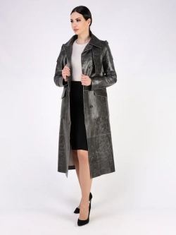 Кожаный тренч длинный с поясом плащ на осень