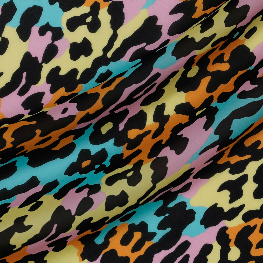 Шёлковый шифон (90 г/м2) с леопардовыми пятнами на разноцветном фоне