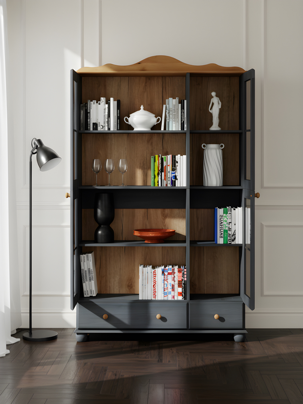 Шкаф витрина 3 двери 2 ящика Бритта из массива сосны, серый