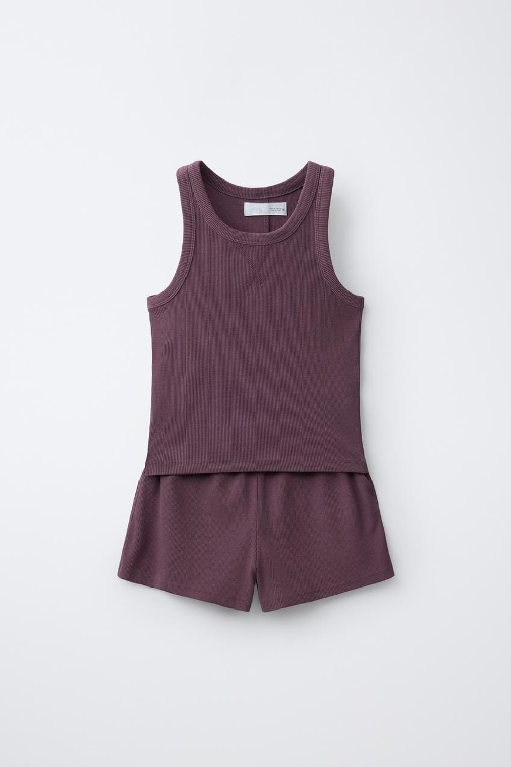ZARA КОМПЛЕКТ ИЗ ФУТБОЛКИ-БОРЦОВКИ И ШОРТОВ В РУБЧИК С ЭФФЕКТОМ ПОТЕРТОСТИ, ПУРПУРНЫЙ