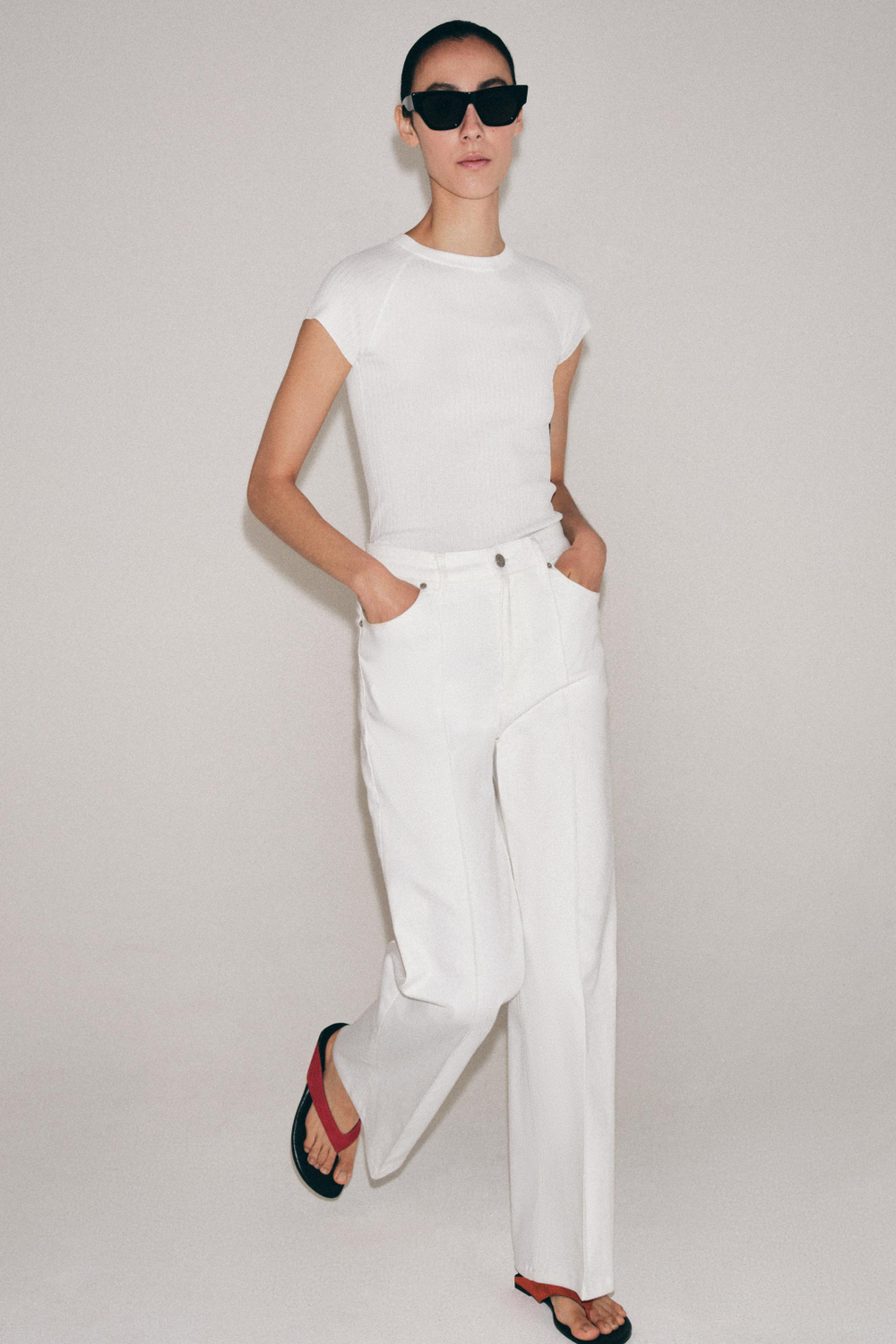 ZARA ТОП В РУБЧИК С КОРОТКИМ РУКАВОМ, БЕЛЫЙ