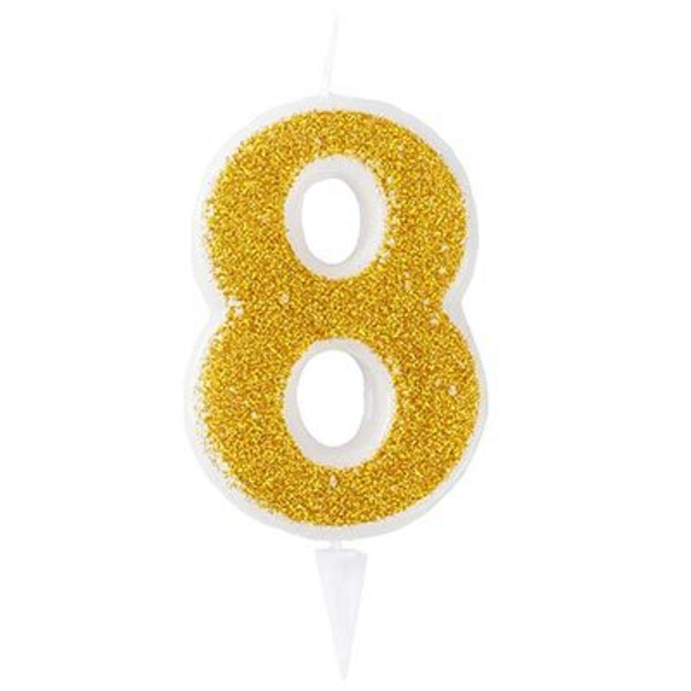 Свеча -цифра 8 Золотая Глиттер 6см