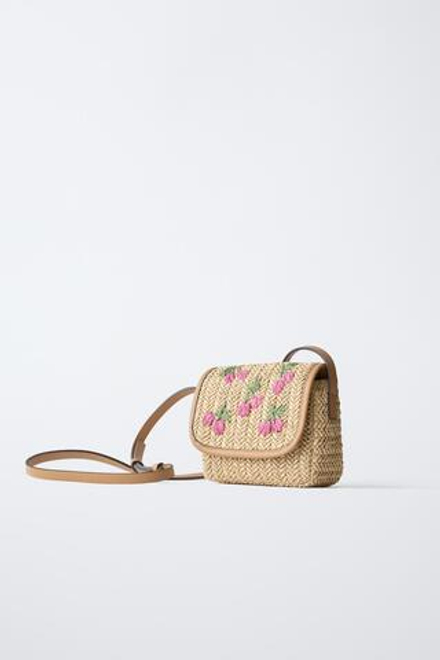 ZARA СУМКА ИЗ РАФИИ С ВИШНЯМИ, РОЗОВЫЙ