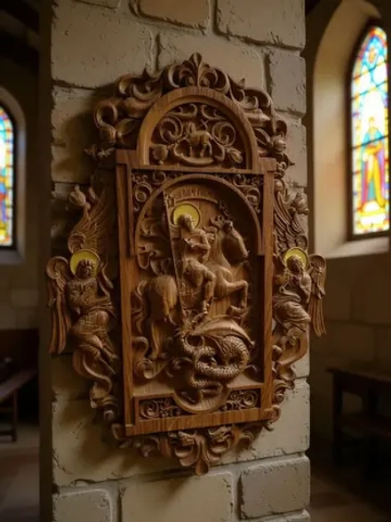 Освященная Икона Георгий Победоносец резная рама из дуба