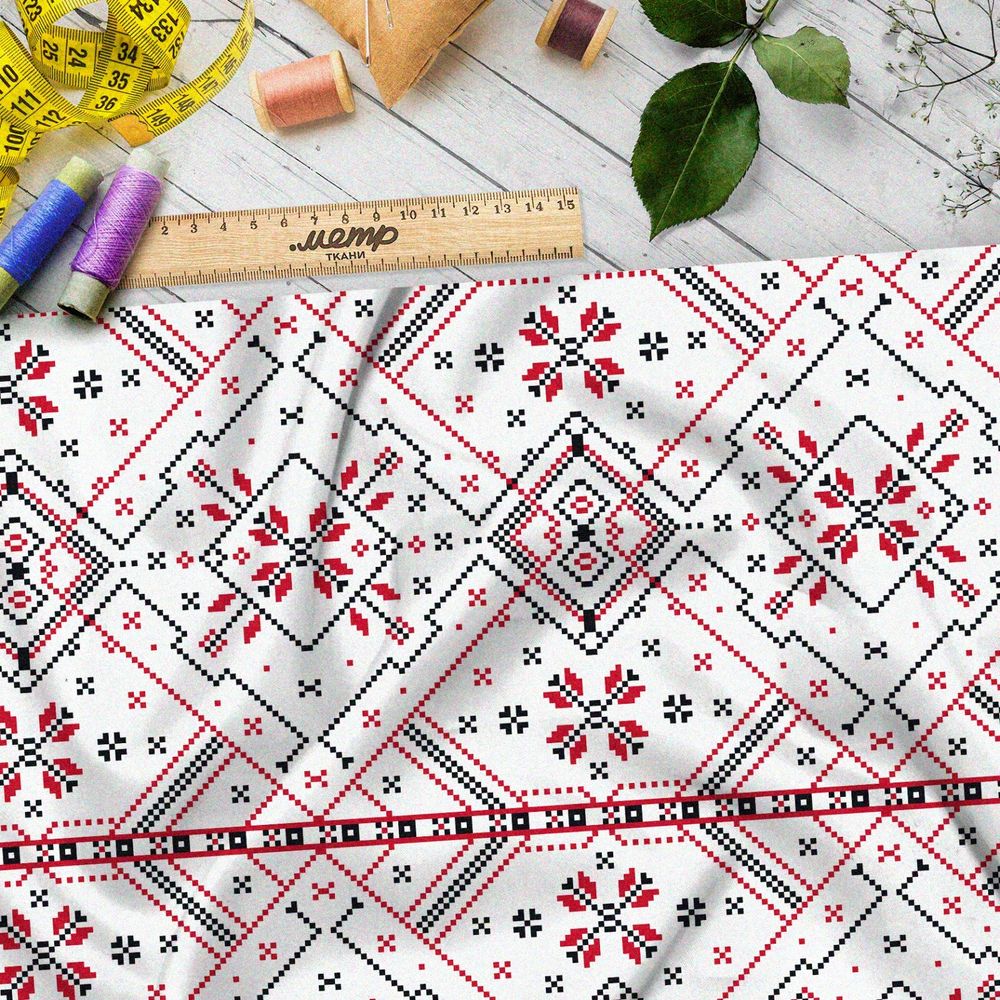 Ткань поплин крупная редкая славянская вышивка на рубахе