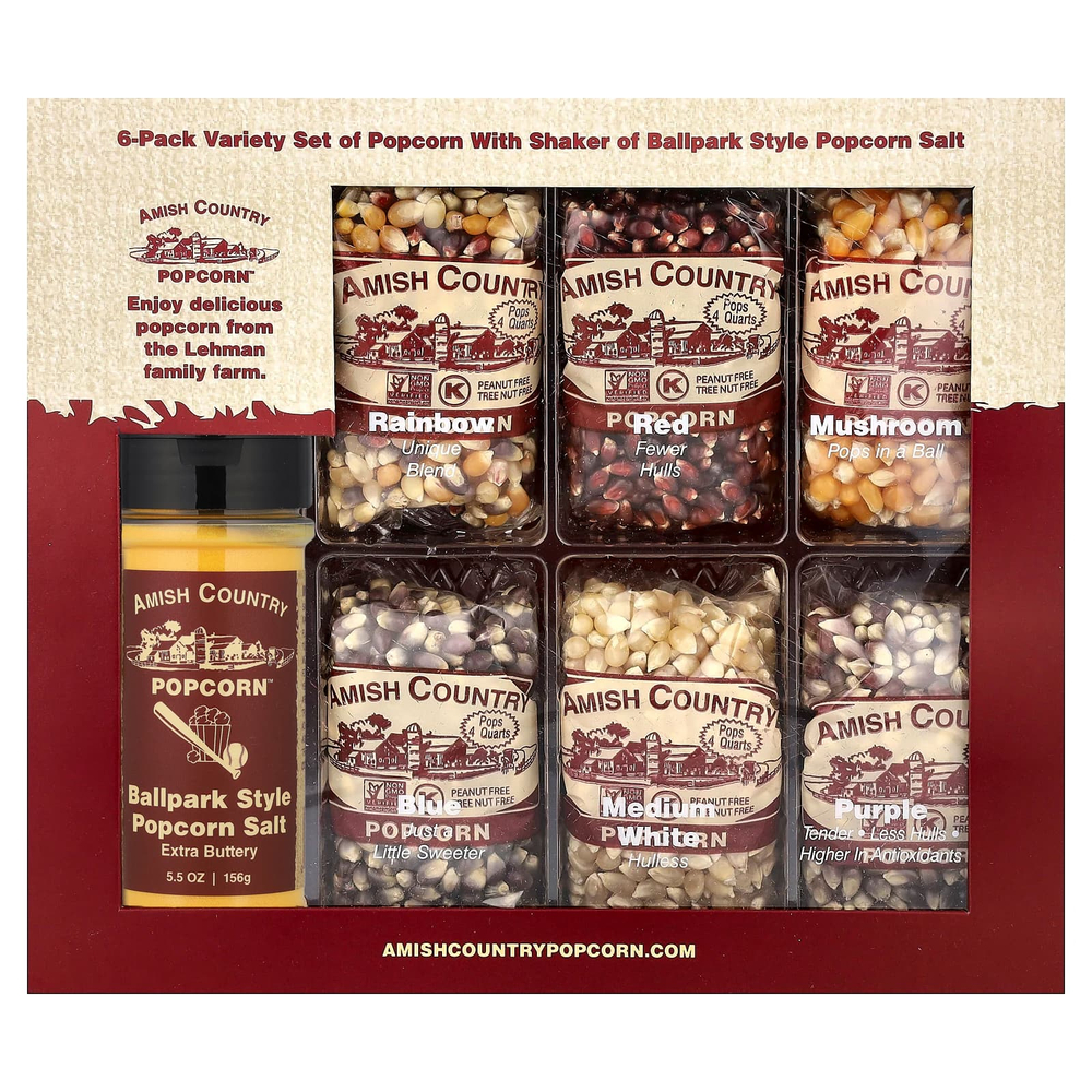 Amish Country Popcorn, набор ассорти попкорна с шейкером и солью для попкорна, 7 шт.