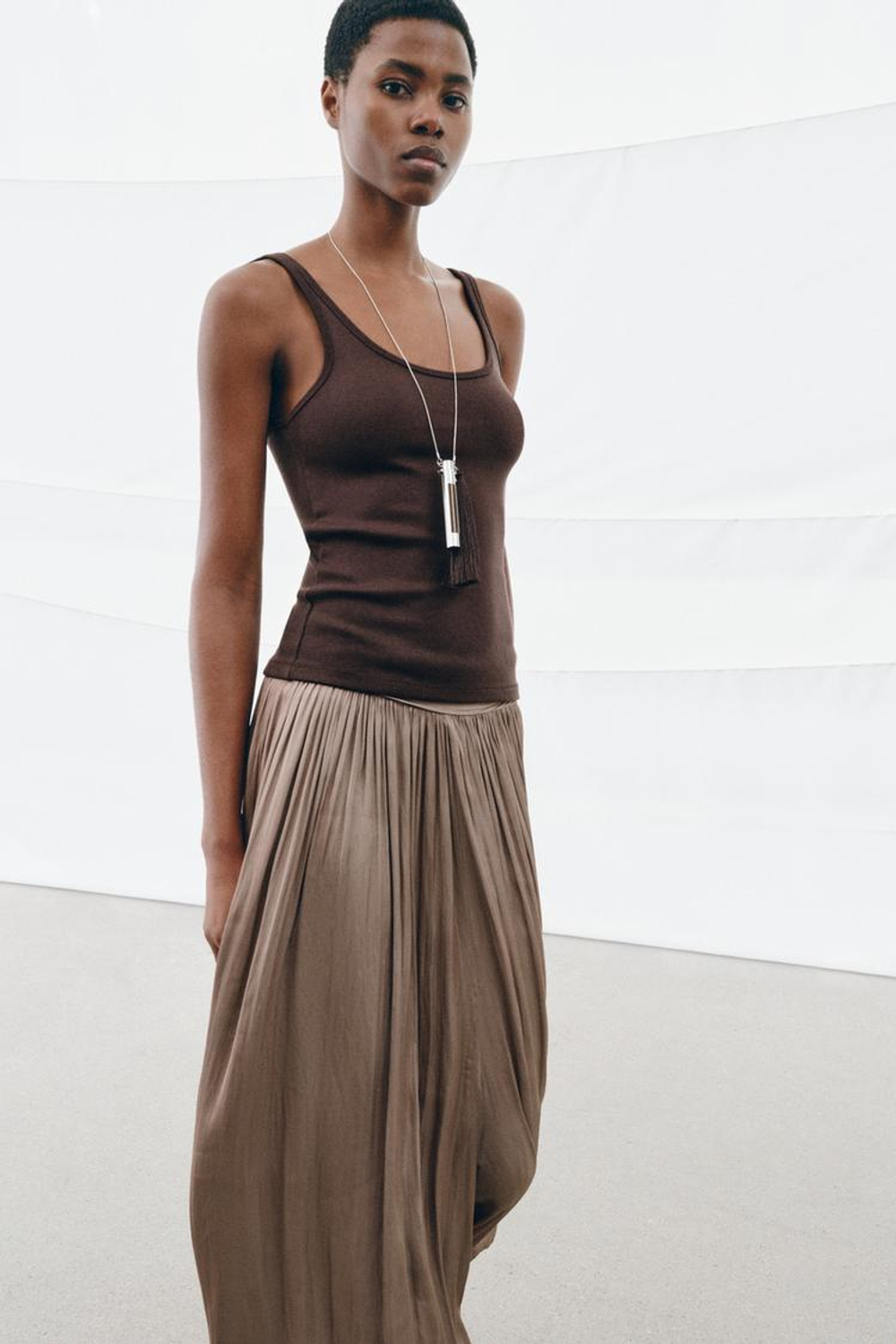 ZARA МАЙКА НА БРЕТЕЛЯХ, КОРИЧНЕВЫЙ