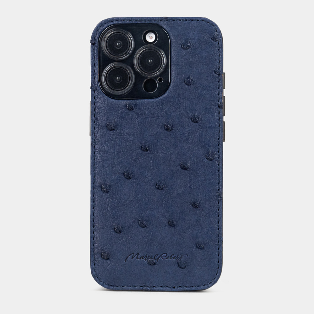 Чехол для iPhone 16 Pro из кожи страуса, синего цвета