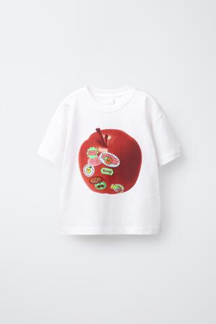 ZARA ФУТБОЛКА С ПРИНТОМ «ЯБЛОКО», БЕЛЫЙ