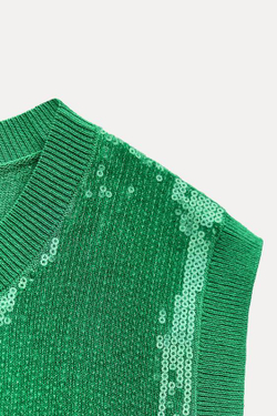 ZARA ТРИКОТАЖНЫЙ ТОП С ПАЙЕТКАМИ БЕЗ РУКАВОВ, ИЗУМРУДНЫЙ