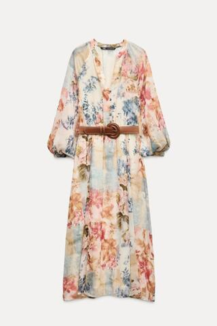 ZARA ПЛАТЬЕ МИДИ С ЦВЕТОЧНЫМ ПРИНТОМ И ПОЯСОМ, РАЗНОЦВЕТНЫЙ
