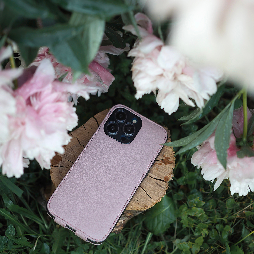 Чехол для iPhone 14 Pro Max из кожи козы, пудрового цвета