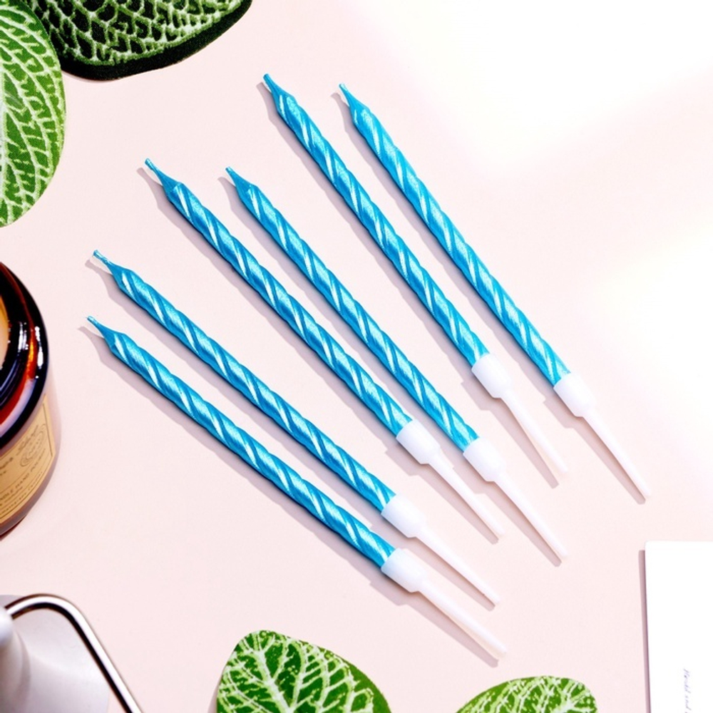 Свечи в торт витые с подставкой, 6 шт., 11 см, небесно-голубой