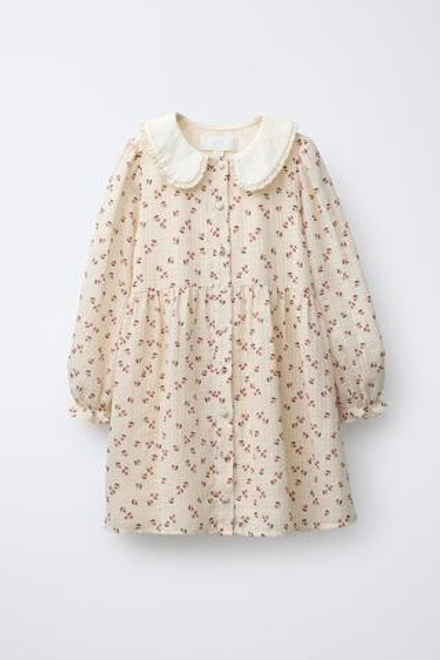 ZARA ПЛАТЬЕ С ЦВЕТОЧНЫМ ПРИНТОМ И КОНТРАСТНЫМ ВОРОТНИКОМ, ЭКРЮ