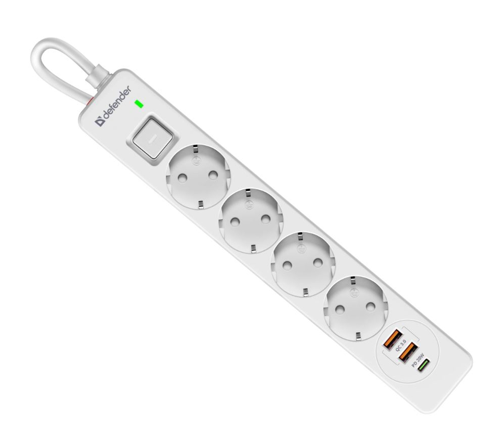 Сетевой фильтр Defender DFS 143 - 3,0 М, 4 розеток, 2xUSB, 1xType-C, белый