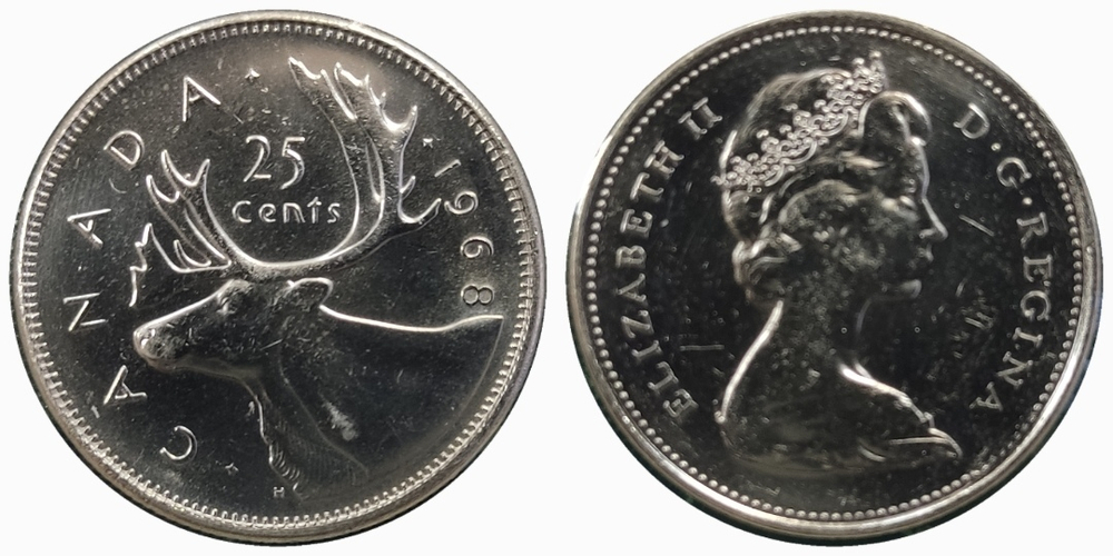 Канада 25 центов, 1968 Северный олень XF