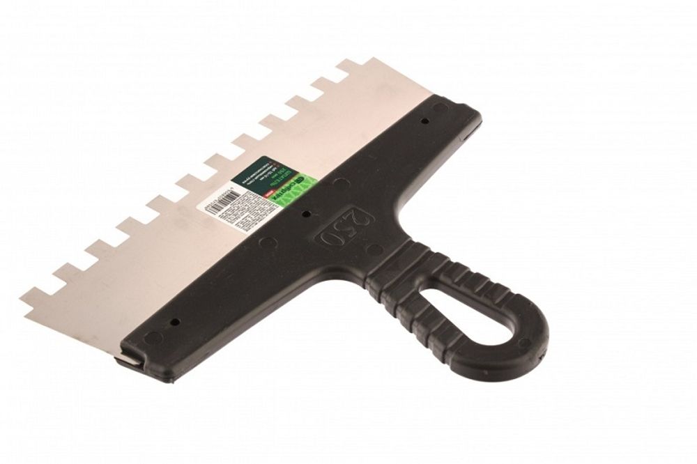 Шпатель из нержавеющей стали, 250 мм, зуб 10 х 10 мм, пластмассовая ручка Сибртех, 85500