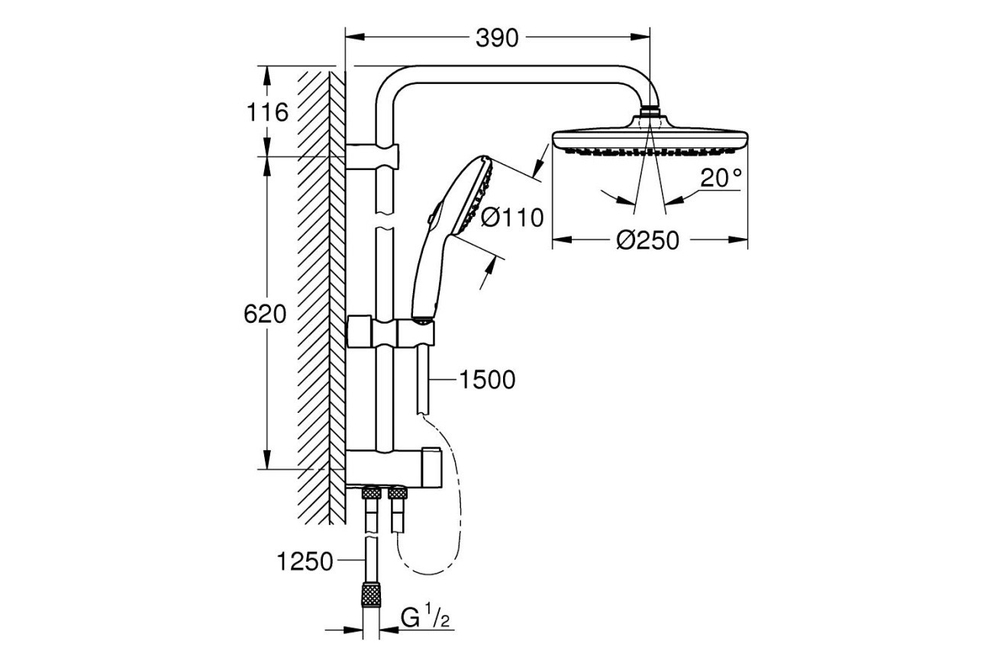 Душевая система GROHE Vitalio Comfort 250, Flex наружного монтажа, с переключателем, матовый чёрный (266982431)