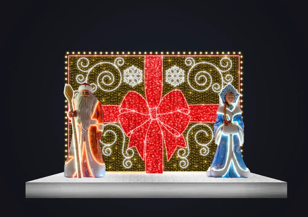 Композиция фигур "Дед Мороз и Снегурочка" и световое панно с бантом