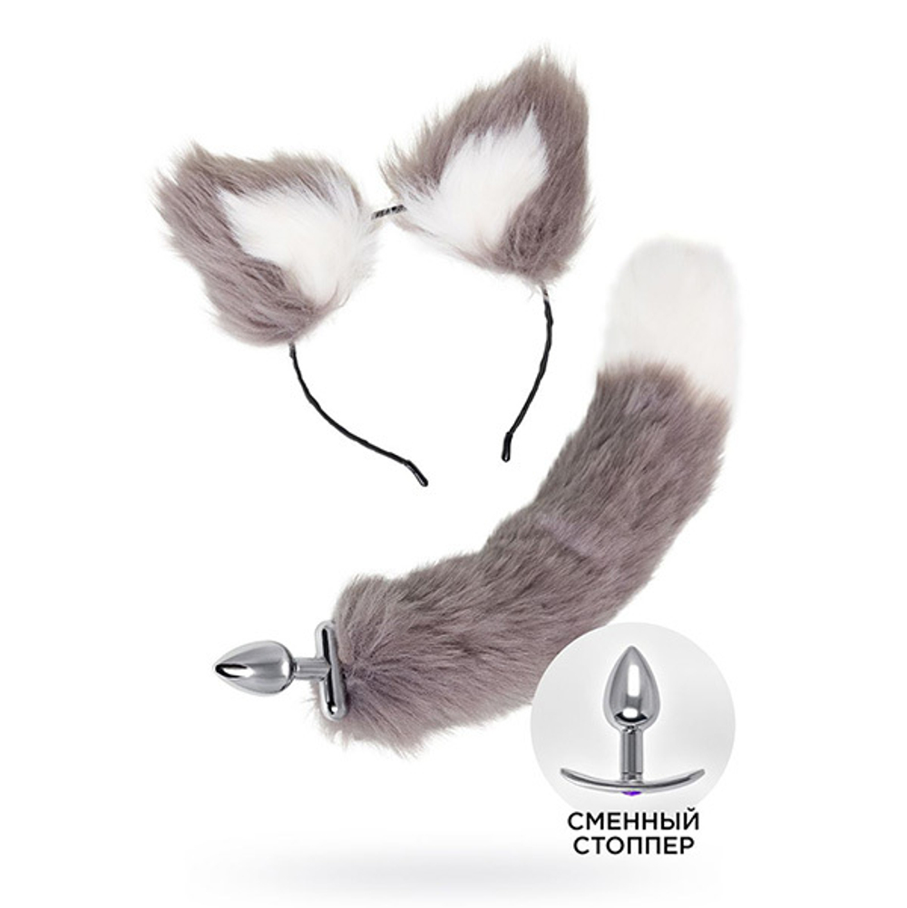 Оригинальный комплект: анальная пробка с 2сменными ограничителями и ободок с ушками ToyFa Metal 712030