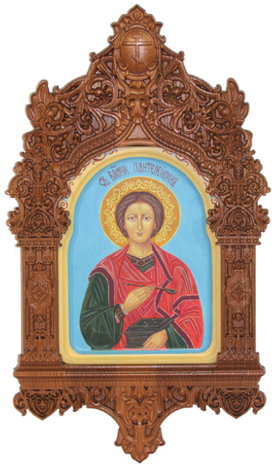 Рукописная икона Святой Великомученик и Целитель Пантелеймон на кипарисе 20х15см в резном киоте