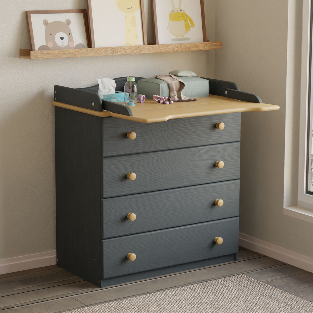 Пеленальный комод деревянный Алиса с откидным столиком, 80х44х88 см, детский широкий комод с 4 ящиками для хранения вещей из массива сосны, серый/антик