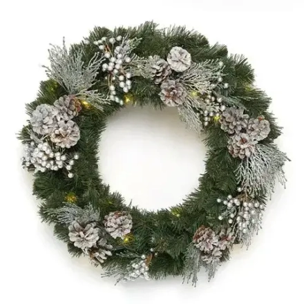 Рождественский венок Элитный с серебряным декором 60 см., 30 теплых-белых Led ламп, Литая хвоя+ПВХ, ЕлкиТорг (52099)