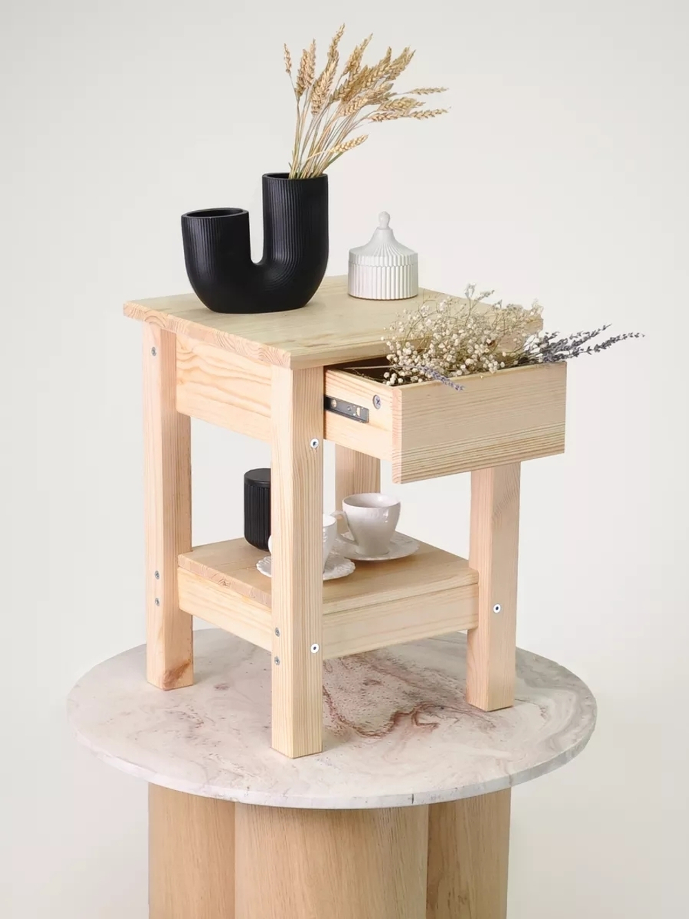 Табурет с ящиком и полочкой Ральф, деревянный, без отделки