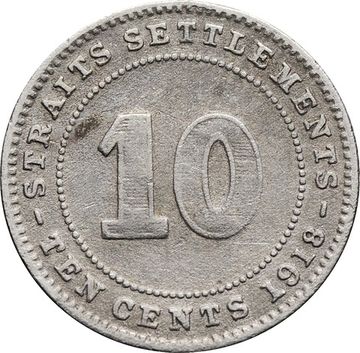 10 центов 1918 Стрейтс Сетлментс