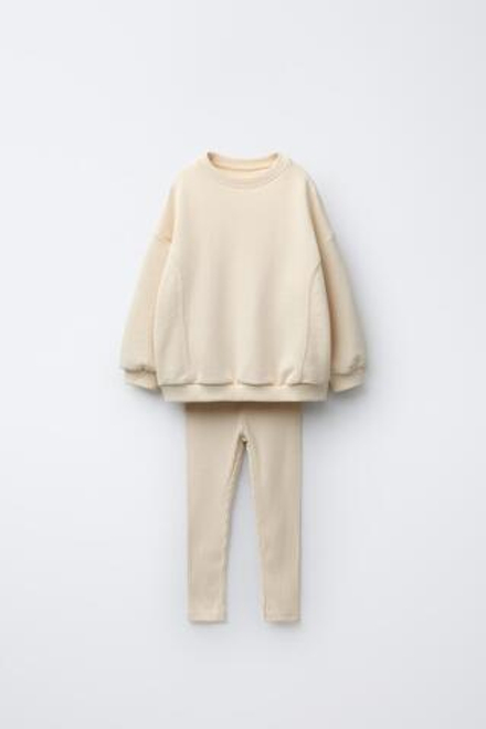ZARA КОМПЛЕКТ С ТОЛСТОВКОЙ С БАНТОМ И ЛЕГИНСАМИ В РУБЧИК, ЭКРЮ/ЖЕЛТЫЙ