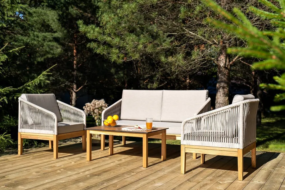 "Канны" лаунж-зона 4-местная из роупа со столиком "Канны" цвета "дуб", основание дуб, роуп бежевый