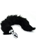 Серебряная анальная пробка из нержавеющей стали с черным гибким хвостом (Small) (Цвет: черный с серебряным)