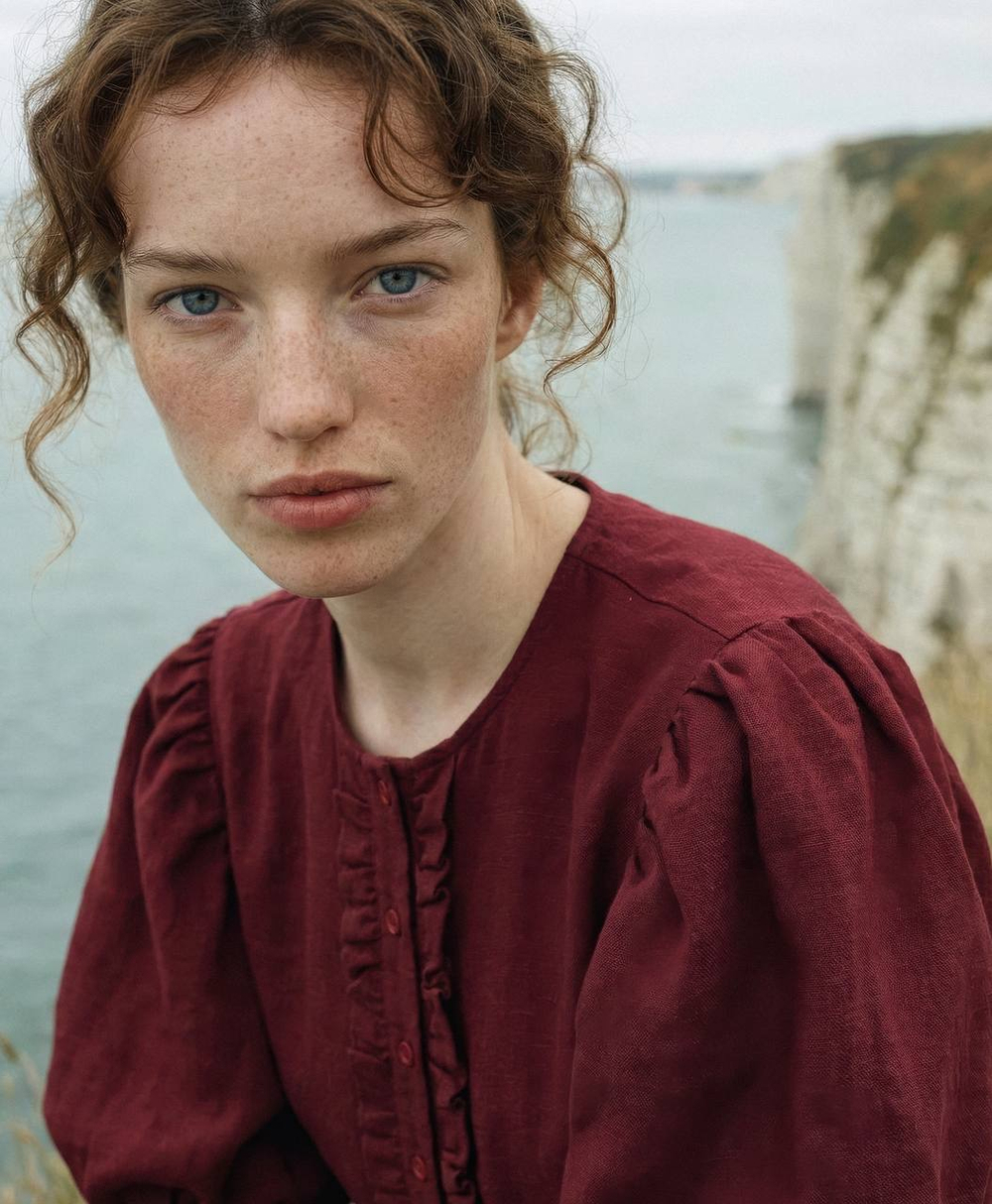 Платье с жабо и рукавами-фонариками из крапивы цвета бордо