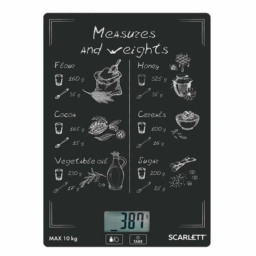 Весы кухонные SCARLETT SC-KS57P64, электронный дисплей, max вес 10 кг, тарокомпенсация, стекло