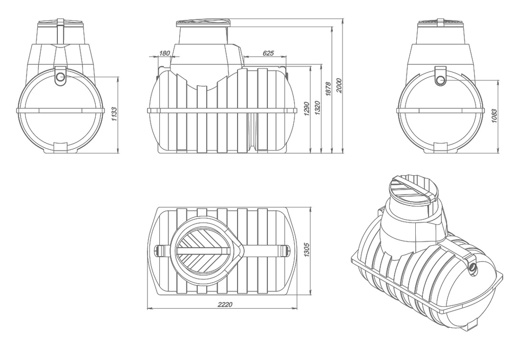 Септик отстойного типа с насосным отсеком ЭкоПром Rostok Загородный 2400 л. горизонтальный / 880 л. в сутки / 3-6 чел. / принудительный сброс (222x131x200см;125кг;) - арт.555772
