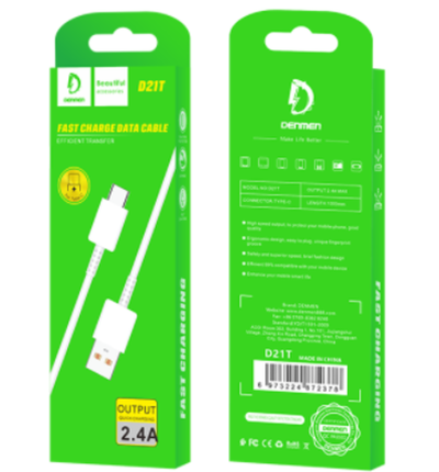 Кабель DENMEN D21T USB-Type-C 2.4A 1м PVC White