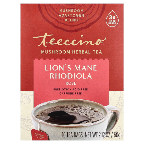 Teeccino, грибной травяной чай, ежовик гребенчатый, родиола, роза, без кофеина, 10 чайных пакетиков, 60 г (2,12 унции)