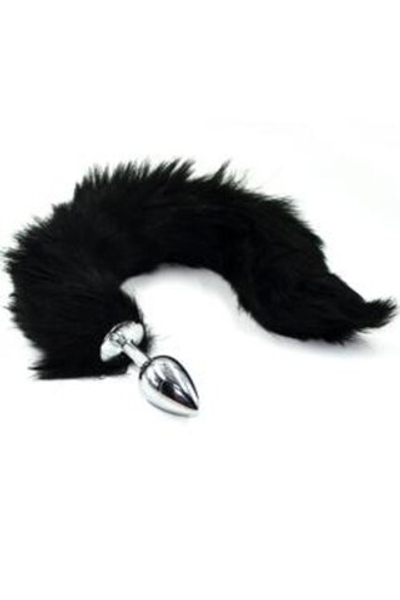 Серебряная анальная пробка из нержавеющей стали с черным гибким хвостом (Small) (Цвет: черный с серебряным)