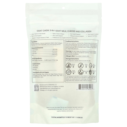 Codeage, DNA Pet, жевательные палочки с козьим молоком, для собак, большие, 3 шт., 298 г (10,5 унции)