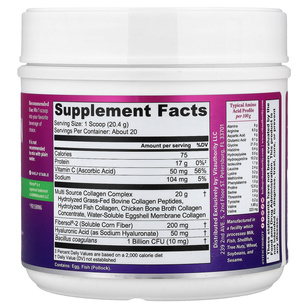 Vitauthority, Multi Collagen Protein+, коллаген с пребиотиками и пробиотиками, без добавок, 408 г (14,39 унции)