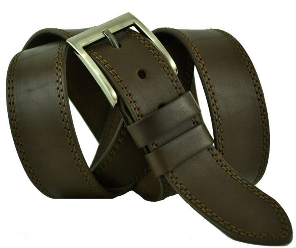 Ремень мужской джинсовый классический коричневый кожаный прошитый большого размера для полных мужчин 40 мм 40Maybik-B-025