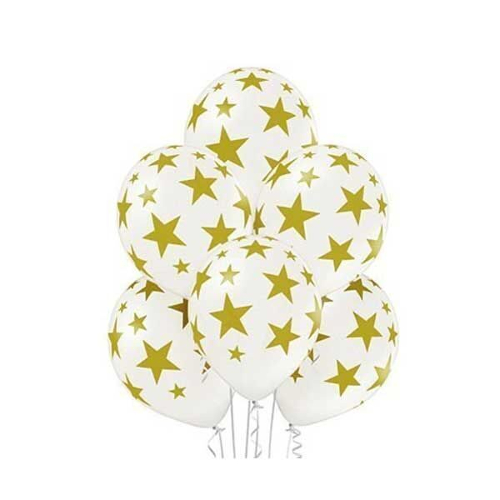 Шар воздушный с рисунком "Звезды золото" белый, 36 см