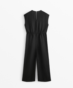 Oysho Длинный комбинезон из льна с рюшами на талии, черный